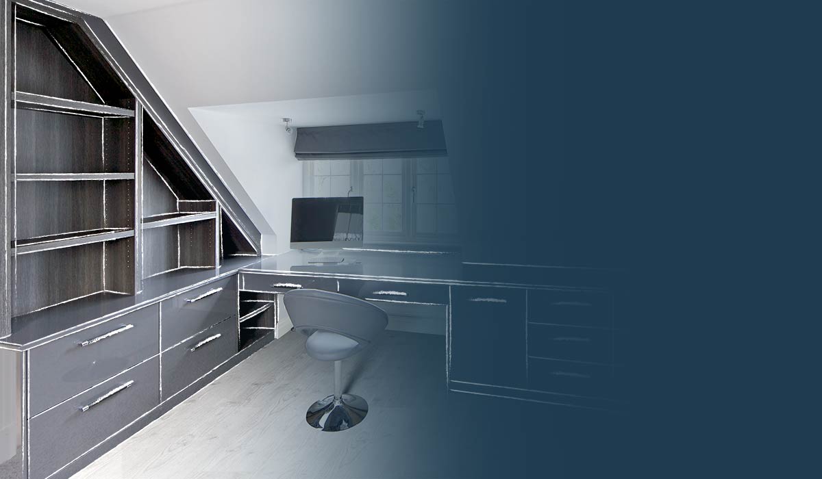 Einbauschrank Büro in edlem grau mit individuellem, passendem Schreibtisch unter Dachschräge